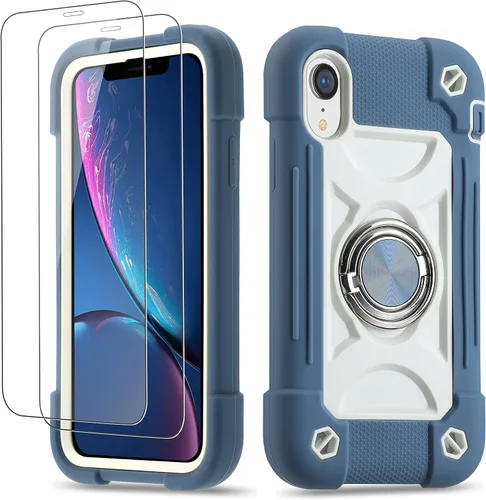 Vista 11 de Funda para iPhone XR de 6.1 pulgadas con soporte de anillo, con 2 protectores de pantalla de vidrio, resistente a los golpes, resistente a