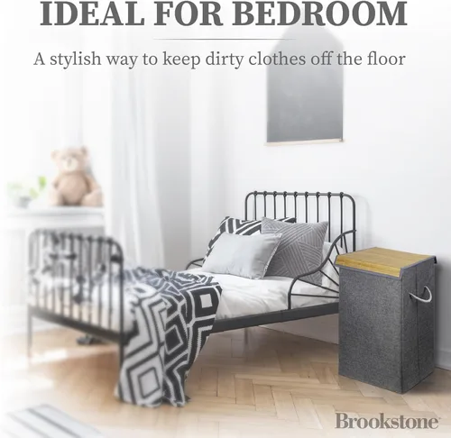 Vista 2 de BROOKSTONE, Cesta grande para ropa sucia con tapa, incluye asas laterales y una elegante cubierta de bambú, cesta de ropa sucia de tamaño perfecto