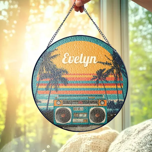 Vista 4 de Retro Boombox Suncatcher with Custom Name, Vintage Style Music Sun Catcher for Windows, Personalized Sunset Scene Window Hanging, Gifts for Music