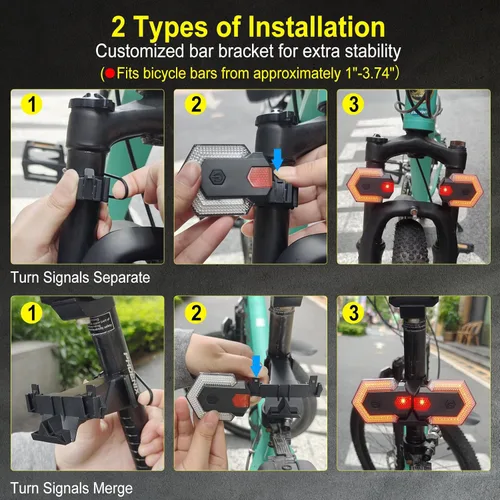 Vista 6 de Antfire 4 luces traseras de bicicleta con señales de giro, luces direccionales recargables por USB, luces LED brillantes delanteras y traseras