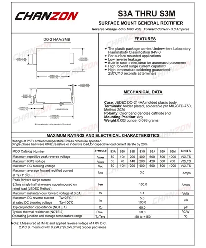 Vista 2 de Paquete de 50 unidades Chanzon S3M SMD Rectificador Diodo 3A 1000V SMB (DO-214AA) 3 Amp 1000 Voltios Diodos de Silicio Electrónicos