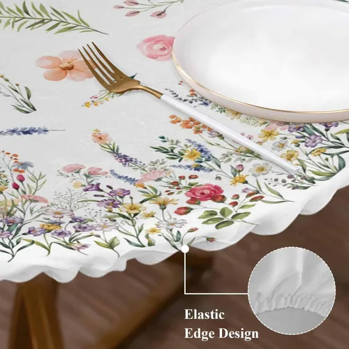 Vista 4 de Mantel redondo ajustable con flores silvestres botánicas, manteles elásticos impermeables para interiores y exteriores, mantel elástico para cena