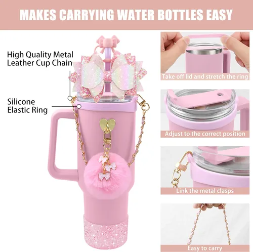 Vista 2 de Accesorios brillantes para vaso Stanley Cup de 40 onzas y 30 onzas, incluye funda de silicona para popote con lazo, bota de silicona para taza