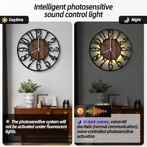 Vista 2 de LEIKE Relojes de pared grandes con luz nocturna operados con batería, silenciosos, sin tictac, modernos y rústicos, reloj de madera grande para sala
