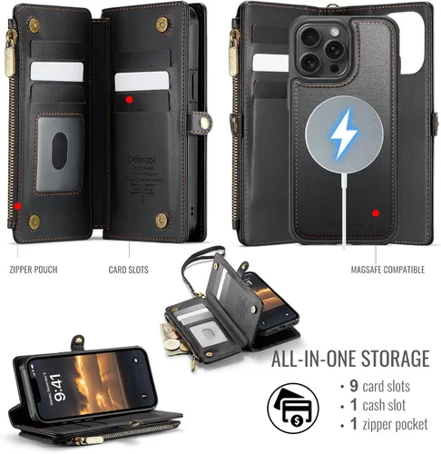 Vista 2 de Defencase Funda Magnética de Cartera para iPhone 15 Pro Compatible con Magsafe con Bloqueo RFID Correa con Cremallera Portador de Tarjetas