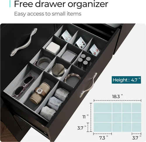 Vista 12 de LINSY HOME Cómoda de 5 cajones, cómoda negra para dormitorio, cómoda moderna con cajones anchos, cómoda de almacenamiento de madera para guardería