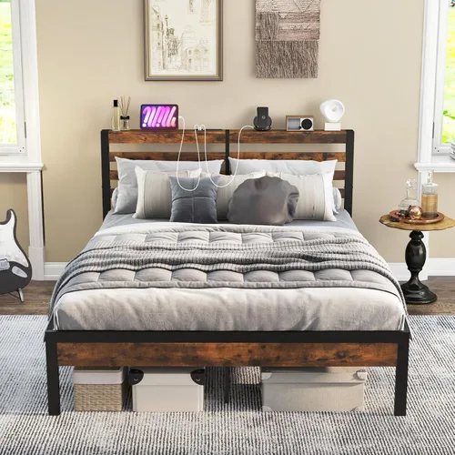 Vista 8 de Giantex Base de cama de metal con estación de carga, plataforma industrial con cabecera de almacenamiento, base de colchón resistente, fácil