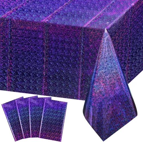 Vista 30 de 3 paquetes de mantel de plástico a cuadros negro y iridiscente, cubiertas de mesa rectangulares brillantes desechables con láser, mantel holográfico