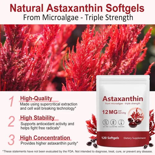 Vista 2 de WHLH & WELL-BEING Premium 12mg Astaxanthin Softgels 120 Count Antioxidant Supplement from Natural Microalgae Non-GMO, Gluten Free