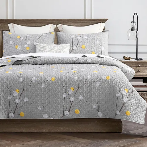 Vista 9 de DURLENGEN Juego de edredón botánico gris azulado tamaño Queen de 3 piezas, estampado gris azulado con patrón de hojas beige, juego de colcha ligera