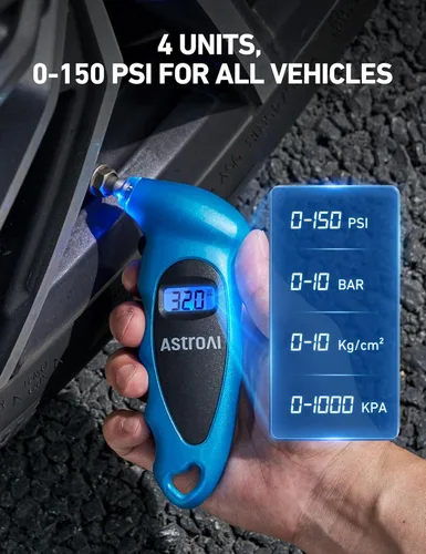 Vista 3 de AstroAI - Medidor de presión de neumáticos digital, 150 PSI, 4 ajustes, para automóvil, camión, bicicleta, con pantalla LCD retroiluminada y agarre