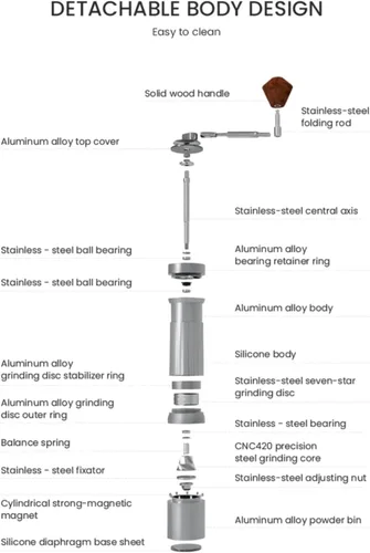 Vista 8 de Molinillo de café manual – Fresa de acero inoxidable de 7 estrellas, 36 ajustes de molienda ajustables, manivela plegable, molinillo de café manual