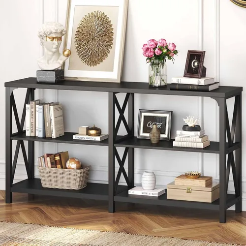 Vista 43 de IBF Mesa de entrada de granja, mesa consola larga rústica detrás del sofá, moderna mesa de sofá de madera de metal con estantes de almacenamiento