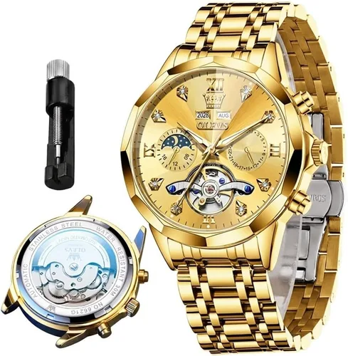 Vista 12 de OLEVS Relojes automáticos para hombre, reloj mecánico de lujo con cuerda automática, Tourbillon, reloj de esqueleto, reloj de negocios con diamantes