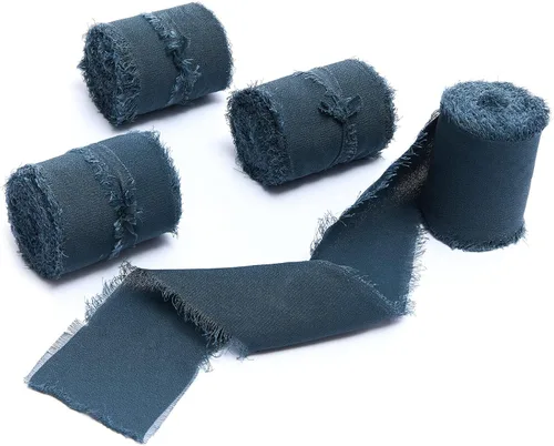 Vista 8 de 4 rollos de 1 pulgada de ancho x 5 yardas de largo, cinta de gasa con flecos hecha a mano, de chifón y seda, con bordes deshilachados
