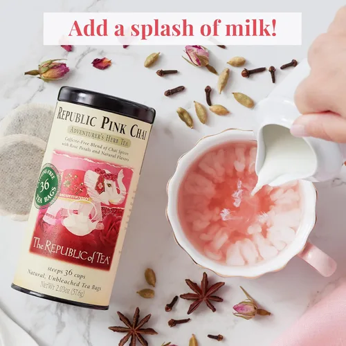 Vista 5 de The Republic of Tea Republic Pink Chai - Lata de té de hierbas, 36 bolsas de té, naturalmente sin cafeína