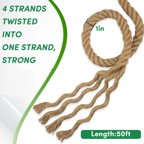 Vista 3 de Cuerda de Manila de 1 pulgada x 50 pies, cuerda de cáñamo natural, cuerdas trenzadas de 4 hebras resistentes para uso para hamaca, muelles