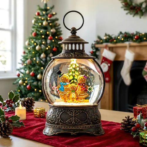 Vista 4 de Linterna de globo de nieve de Navidad con agua con escena de jengibre, funciona con batería o USB, luz musical iluminada, decoración festiva