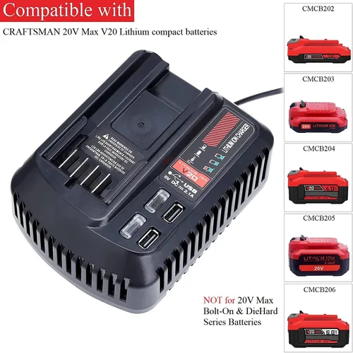 Vista 3 de Cargador de Batería CMCB104 V20 Rápido de Reemplazo para Baterías de Litio Compactas Craftsman V20 Craftsman 20V máx. Batería de Litio CMCB202