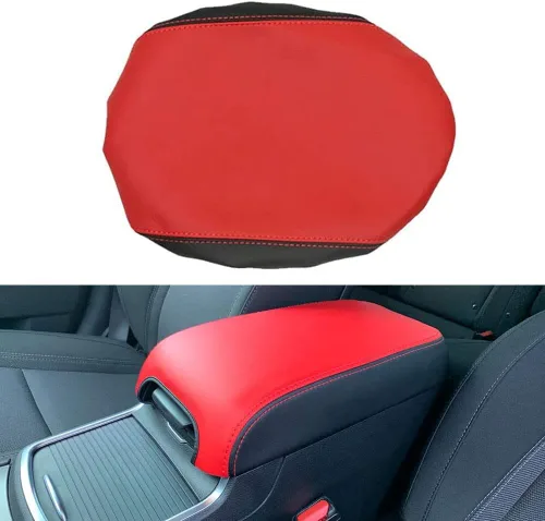 BOYUER Funda de cuero para reposabrazos de consola central, compatible con Dodge Charger 2011-2023/Chrysler 300 2015-2022 (negro y rojo)