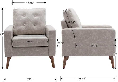 Vista 2 de Sillón moderno de mediados de siglo, silla decorativa de piel sintética tapizada con patas de madera, botón para dormitorio, cómoda silla