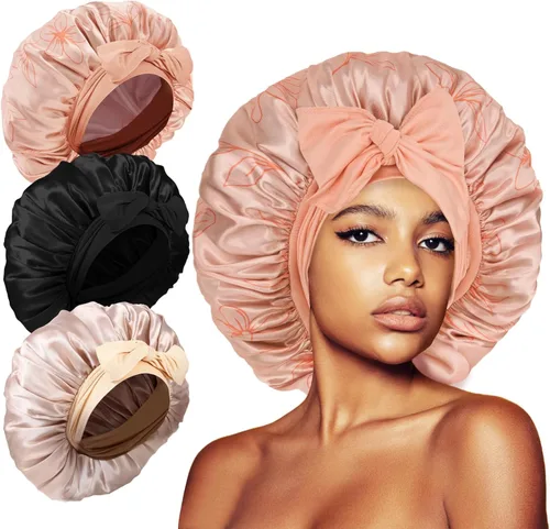 Vista 16 de 3 gorros para dormir, gorro de seda extra satinado para mujeres que duermen con banda de amarre para cabello rizado, trenzas de capó jumbo