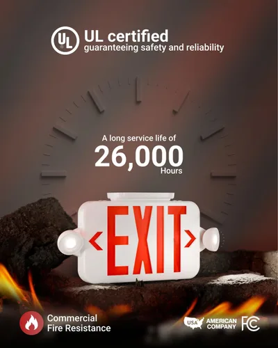 Vista 7 de Señal de salida LED Sunco con luces de emergencia, roja, dos luces mini ajustables, resistente al fuego 94V-0, batería de respaldo, 2.3W 6000K Luz