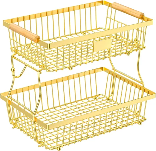Vista 8 de Cesta de frutas de 2 niveles para encimera de cocina con 2 ganchos para plátanos, cesta de pan de metal para encimera con mango de madera, soporte
