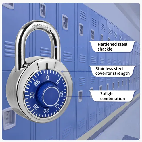 Vista 2 de Candado de combinación de 1 unidad, candado de combinación de esfera fija con diferentes combinaciones, 2 pulgadas de ancho. Placa giratoria azul