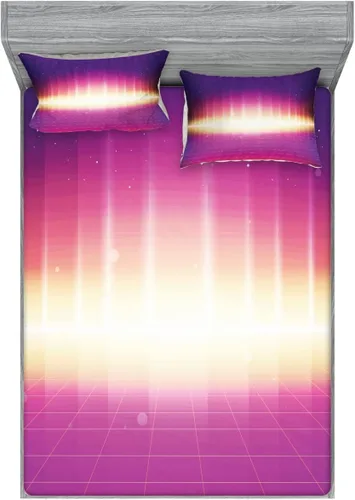 Ambesonne Rave 2 Pack Fitted Sheet & Pillow Sham Set, 80s Retro Sci-Fi Background, 4 Pcs Bedding Decor, Package Contains 2 Full Size Fitted Sheets &