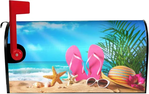Vista 2 de Cubierta magnética para buzón de buzón de verano con diseño de conchas de estrella de mar y gafas de sol, 21 x 18 pulgadas