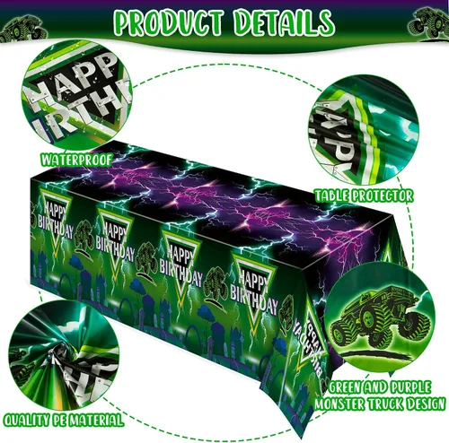 Vista 3 de Manteles de camión monstruo verde y morado – Funda rectangular desechable para baby shower, fiesta de cumpleaños de niños, decoración de mesa