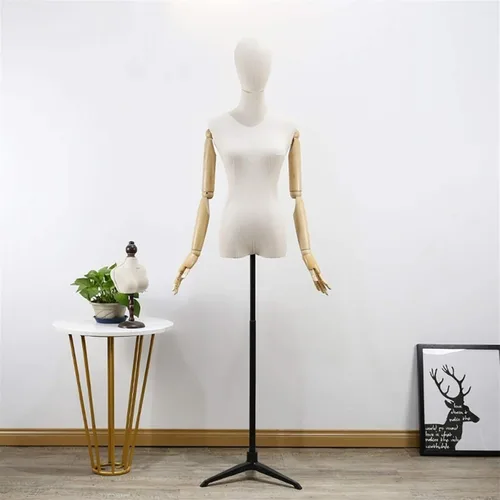Vista 2 de Female Mannequin with Head and Wooden Arms, Linen Torso Dress Form, Adjustable Tripod Stand, Silver, Medium
