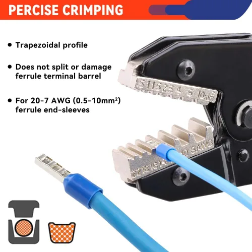 Vista 3 de Herramienta de prensado para manguitos, terminales de virola y extremos de cable de pasador, crimpadora de cables de trinquete - AWG 22-8