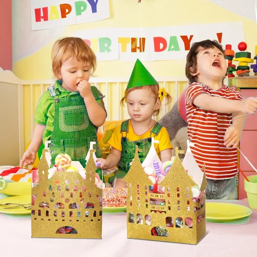 Vista 5 de Caja dorada de castillo de princesa de 24 piezas, decoración de fiesta de cumpleaños de princesa, centro de mesa de castillo dorado, suministros