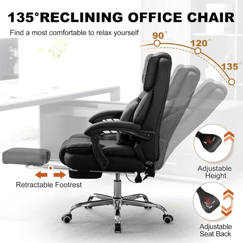 Vista 6 de Silla de oficina ejecutiva de masaje amasado con calefacción, silla reclinable de 90-135° con reposapiés, silla de computadora, silla de escritorio