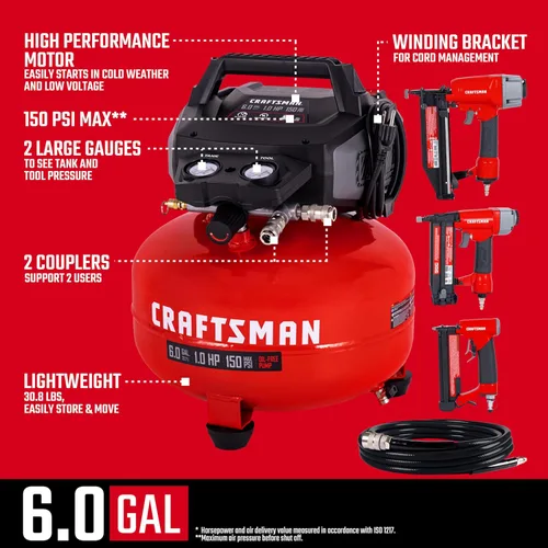 Vista 4 de Craftsman Compresor de Aire Tipo Panqueque de 6 Galones Kit Combo de 4 Herramientas, 150 PSI, Libre de Aceite, Incluye Clavadora de Acabado 16GA