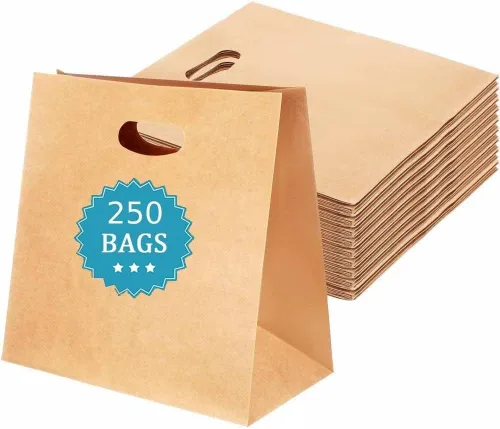 COGLARING 250 bolsas de papel kraft marrón de 11 x 6 x 11 pulgadas con asas, bolsa troquelada a granel para compras al por menor, bolsas de regalo