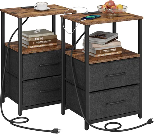 Vista 30 de TUTOTAK Mesa auxiliar con estación de carga, mesa auxiliar con 2 puertos USB y tomacorrientes, mesita de noche con cajón de tela, juego de 2, mesa