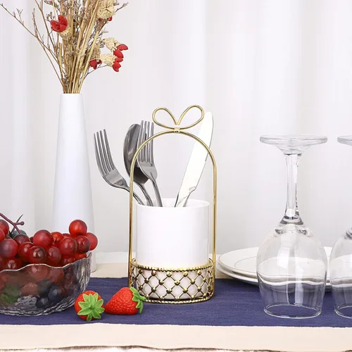 Vista 2 de JUXYES Soporte de cubiertos de cerámica para mesa, soporte de cubiertos blanco con soporte de metal dorado, soporte decorativo para cubiertos