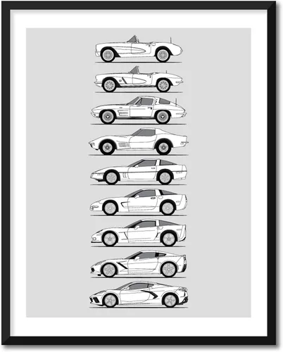 Vista 16 de Idea Network Póster hecho a mano compatible con Chevy Corvette Generations (perfil lateral) impresión de Chevrolet (C1 C2 C3 C4 C5 C6 C7 C8)