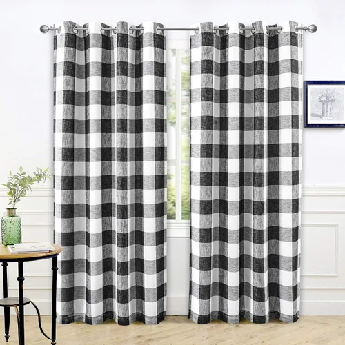 Vista 31 de Cortinas de cuadros de búfalo DriftAway a cuadros negro y blanco extralargas con tratamiento ojo de sargento para dormitorio y sala de estar