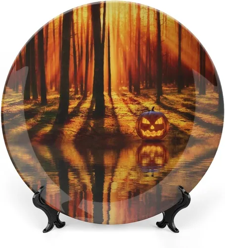 Plato decorativo para colgar de Halloween, lago, bosque, árboles, calabaza, decoración del hogar, decoración del hogar, recuerdo, arte de pared,