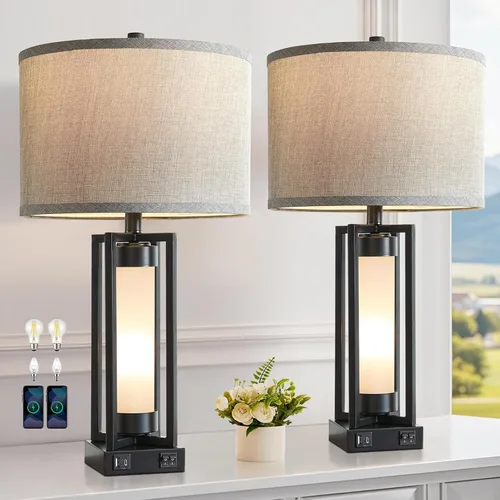 Vista 7 de RORIANO Lámparas de mesa rústicas para sala de estar con puertos USB C+A, lámpara de mesita de noche vintage de granja con luz nocturna de acrílico