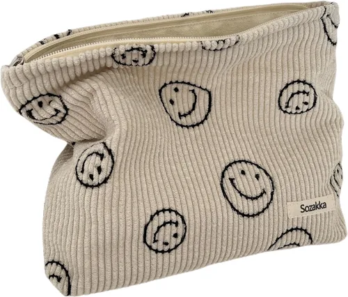 Bolsas de cosméticos para mujer, bolsa de cosméticos de pana, bolsos estéticos para mujer, bolsos de mano con puntos sonrientes, organizador de