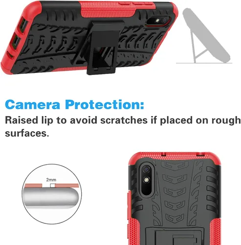 Vista 5 de Asuwish Funda de teléfono para Xiaomi Redmi 9A Redme 9i con protector de pantalla de vidrio templado y soporte delgado híbrido resistente resistente