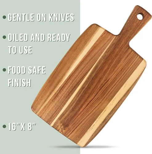 Vista 3 de Tabla de cortar de madera de acacia y tabla de cortar con mango para carne, tabla de queso, verduras, pan y embutidos – Tabla decorativa de madera