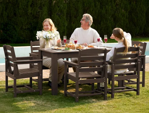 Vista 28 de SERWALL Juego de comedor HDPE para 4, juegos de comedor al aire libre para 4 personas con 1 orificio para sombrilla, mesa rectangular y 4 sillas