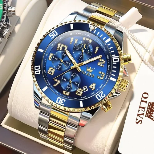 Vista 9 de OLEVS Relojes para hombre de lujo con cronógrafo, elegantes, con fases lunares, de dos tonos, de acero inoxidable, impermeables, luminosos