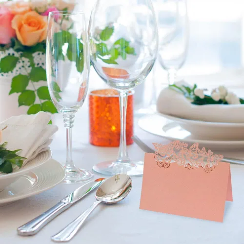 Vista 4 de Surakey Tarjetas de mesa de papel, tarjetas de lugar, tarjetas con nombre, diseño de mariposa hueca, tarjetas plegadas para celebración